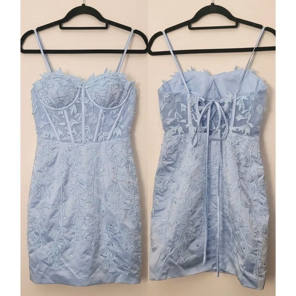 Light Blue Lace up sheer CORSET Mini Dress Fairycore Coquette Hoco PROM XS 0 - 2 - Picture 4 of 8